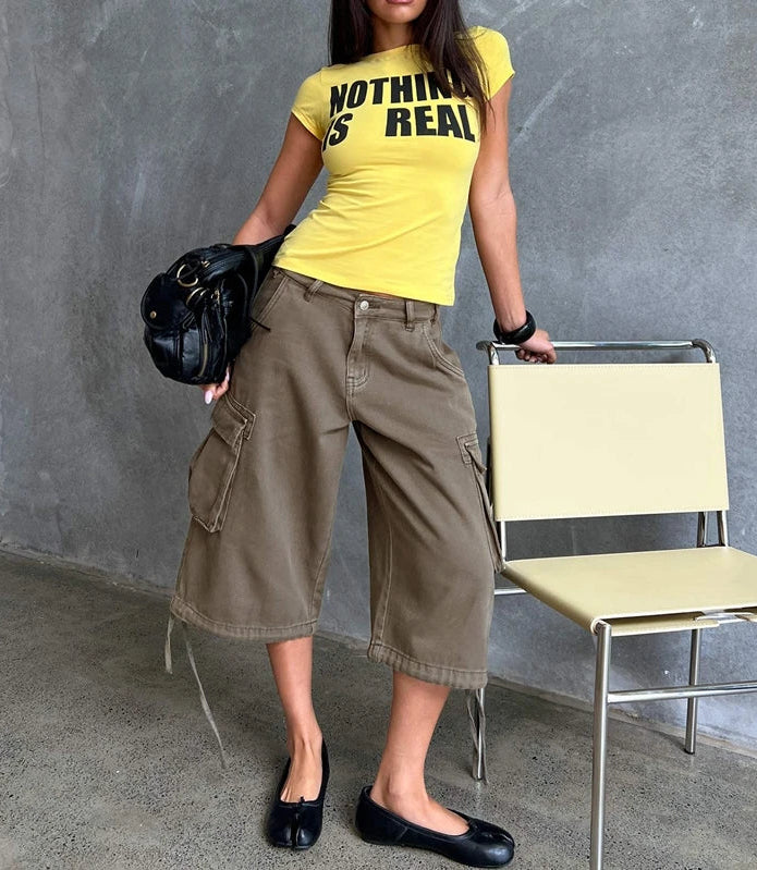 Y2K Low Waist Cargo Capri Boyfriend Jeans Shorts Jorts