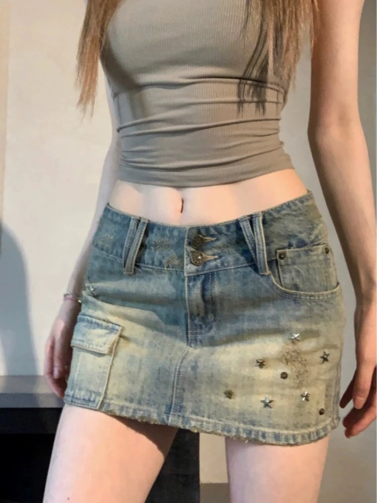 Y2K Low Waist Washed Denim Mini Skirt