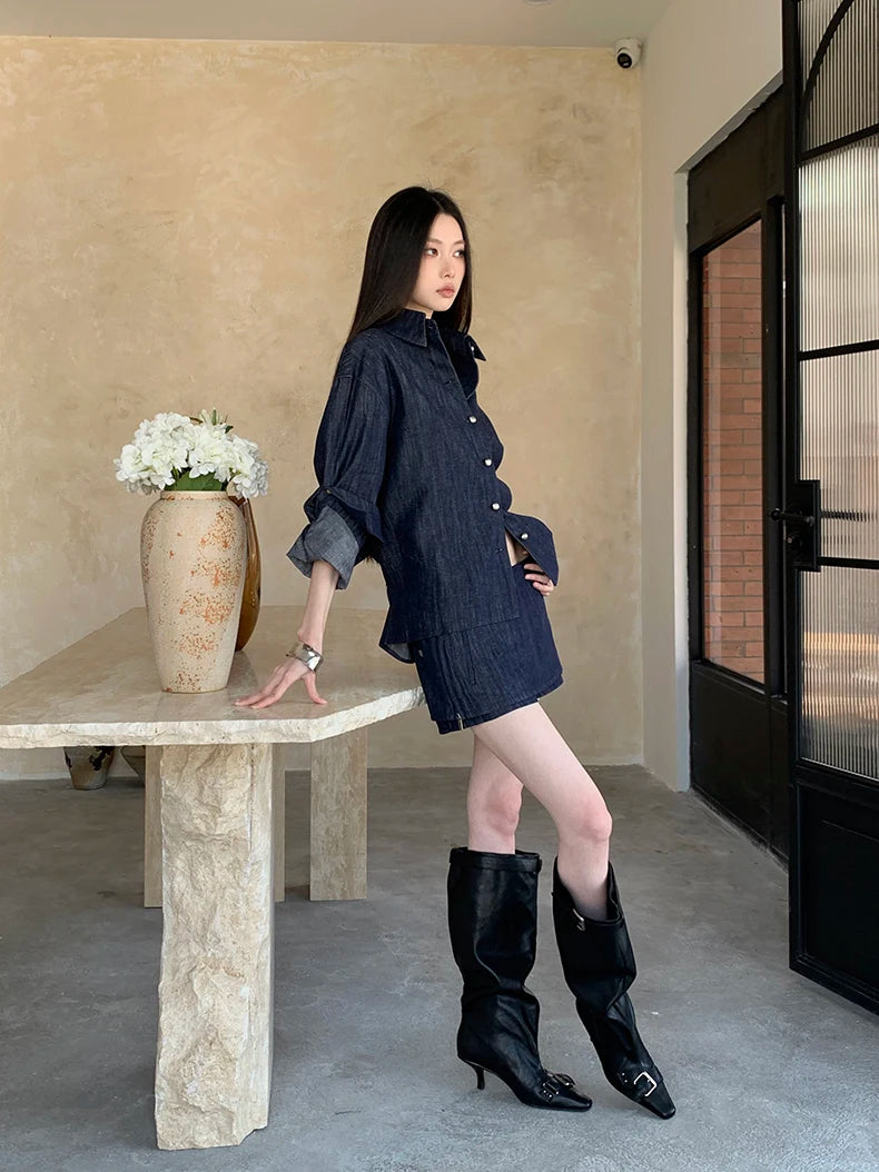 Y2K Matching Denim Shirt and Skirt Set