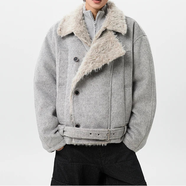Y2K Mens Cotton Jacket Turn Down Faux Fur Collar Jacket Coat