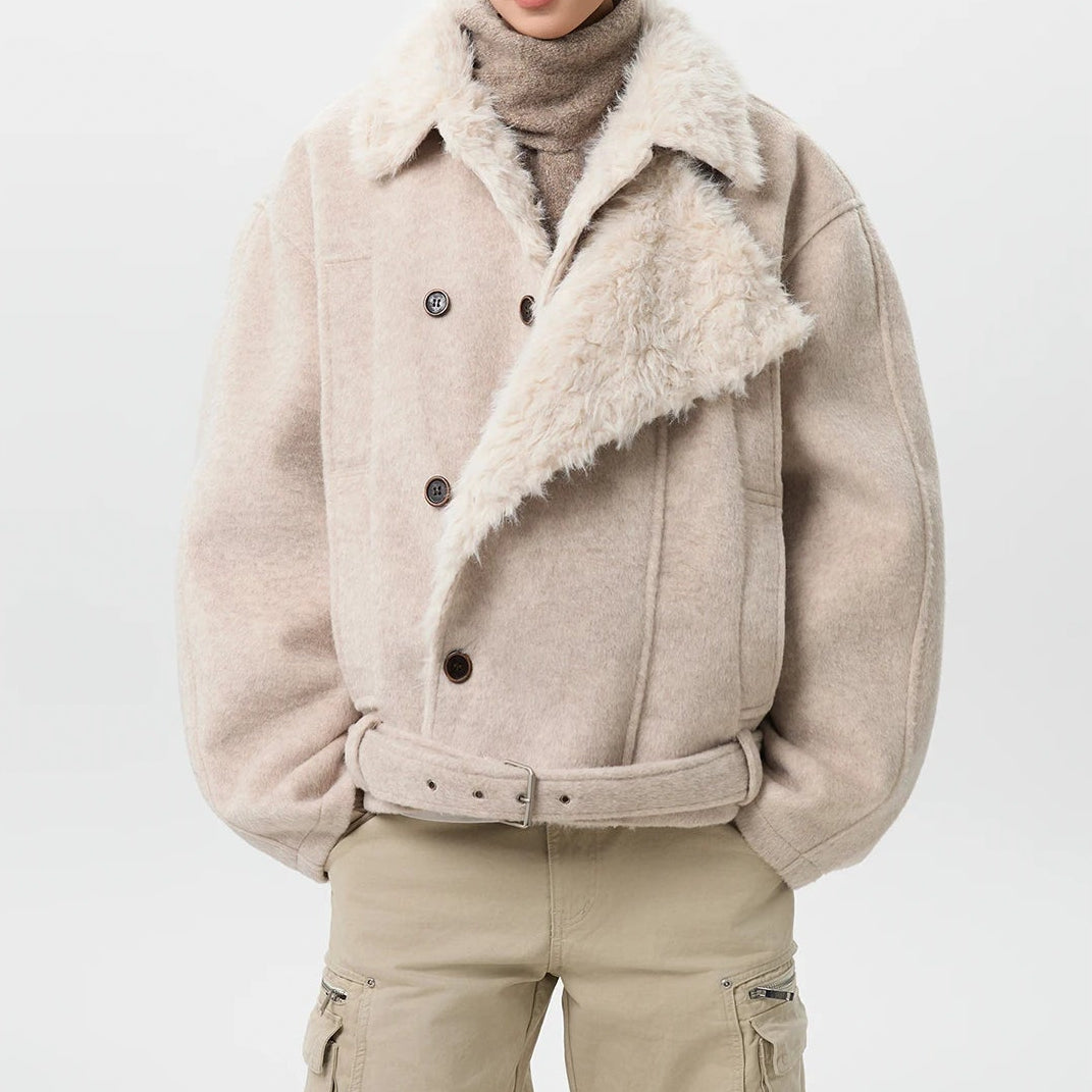 Y2K Mens Cotton Jacket Turn Down Faux Fur Collar Jacket Coat