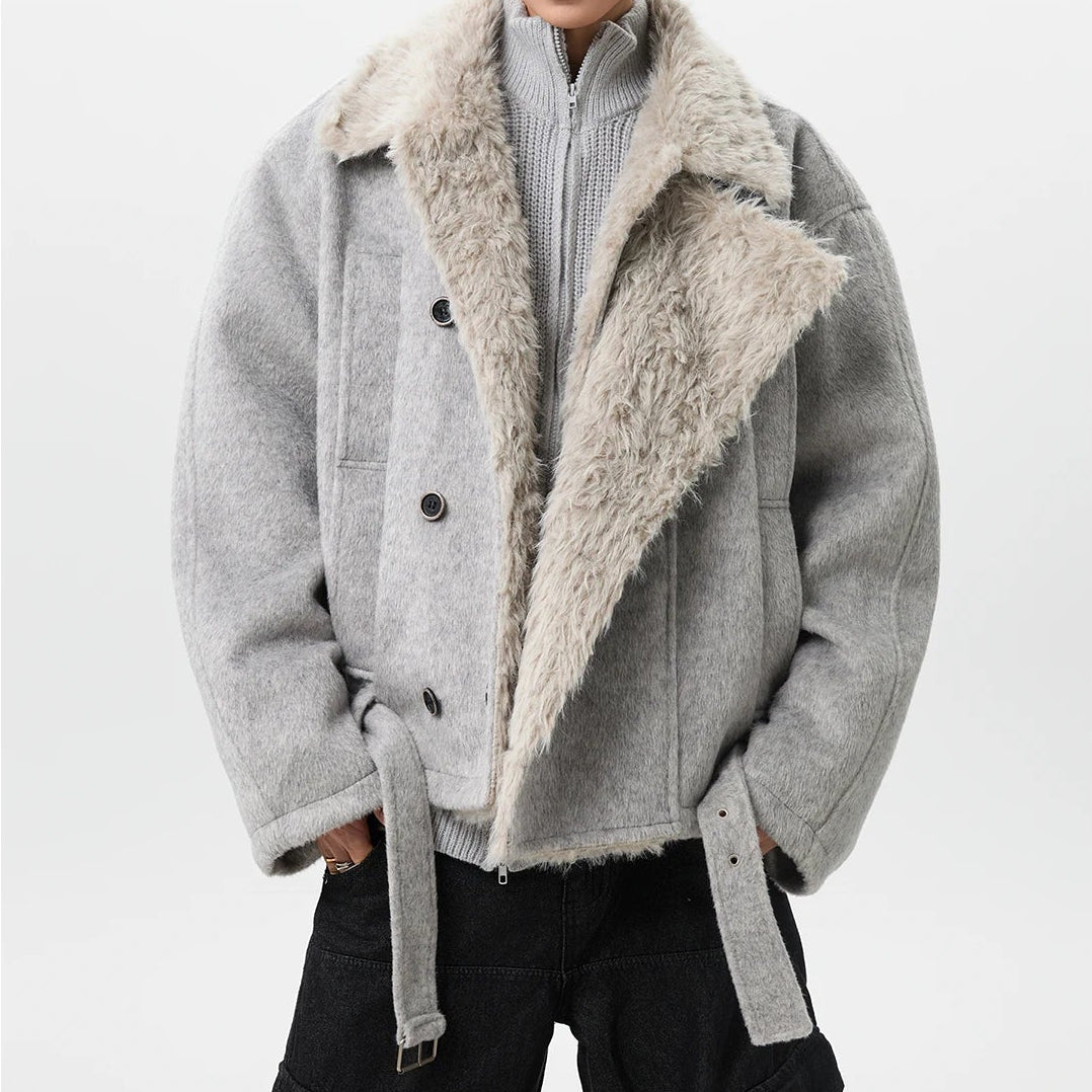 Y2K Mens Cotton Jacket Turn Down Faux Fur Collar Jacket Coat