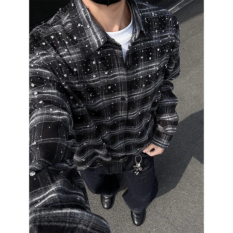Y2K Mens Plaid Rhinestone Long Sleeve Button Up Shirt