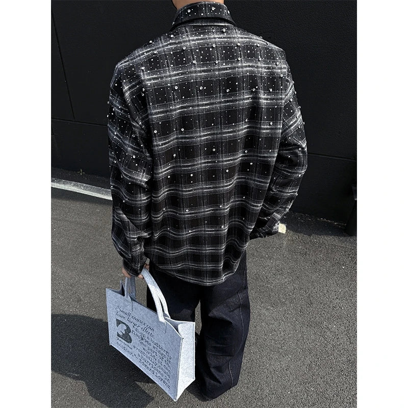 Y2K Mens Plaid Rhinestone Long Sleeve Button Up Shirt