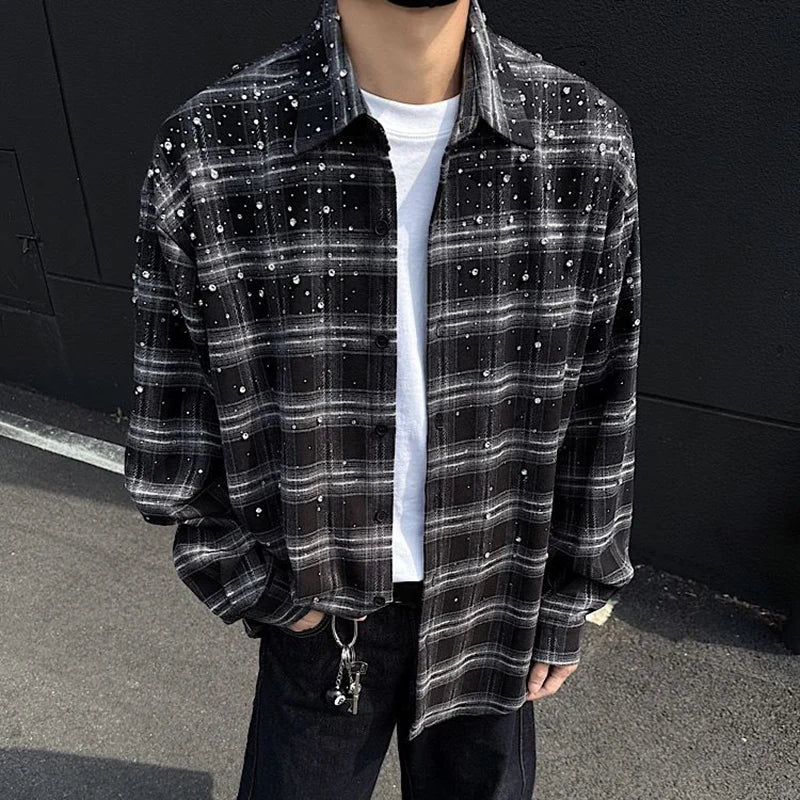 Y2K Mens Plaid Rhinestone Long Sleeve Button Up Shirt