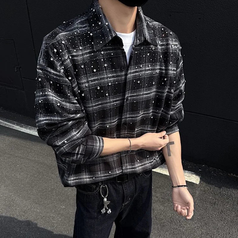 Y2K Mens Plaid Rhinestone Long Sleeve Button Up Shirt