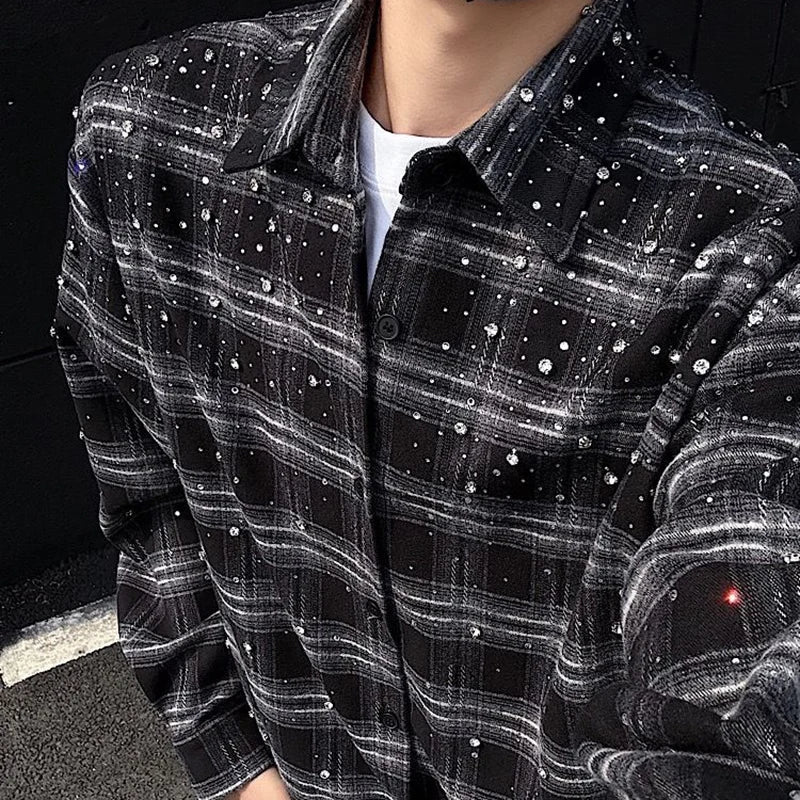 Y2K Mens Plaid Rhinestone Long Sleeve Button Up Shirt