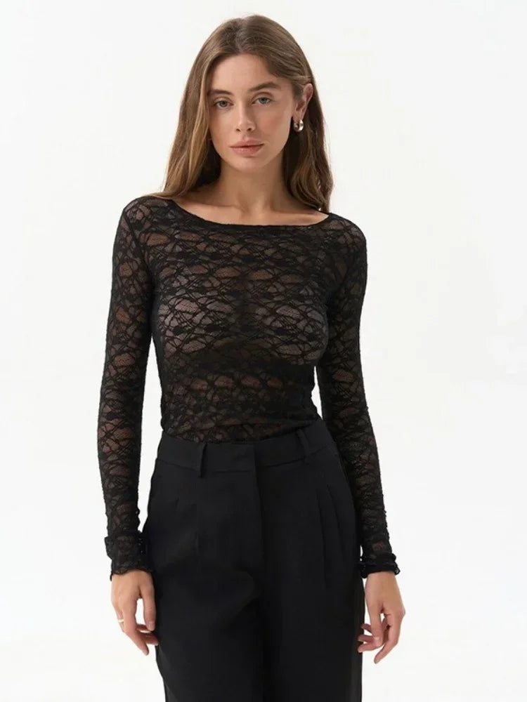 Y2K Mesh Lace Sheer Long Sleeve Crop Top