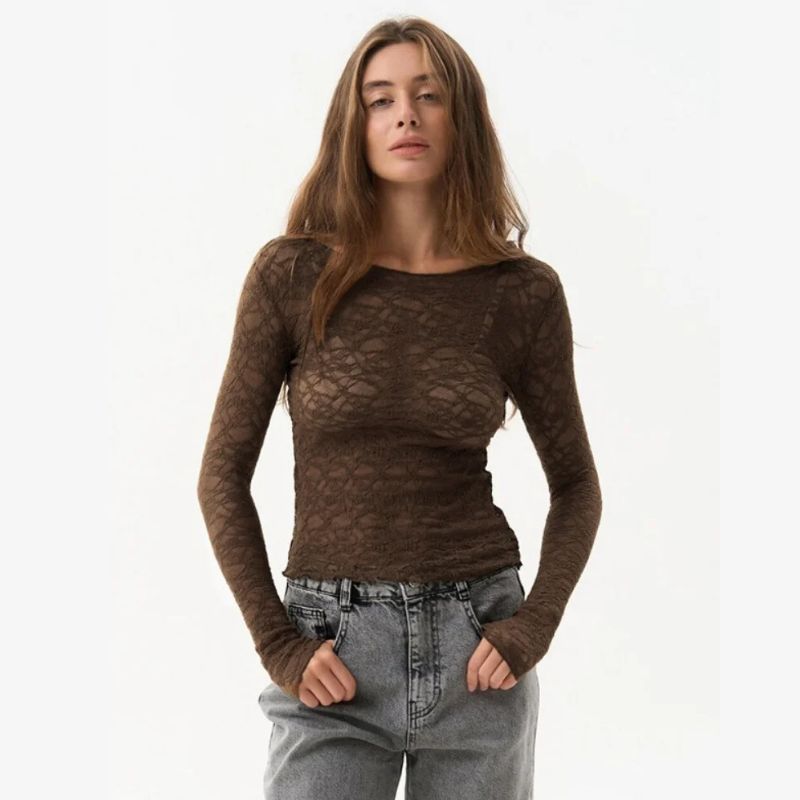 Y2K Mesh Lace Sheer Long Sleeve Crop Top