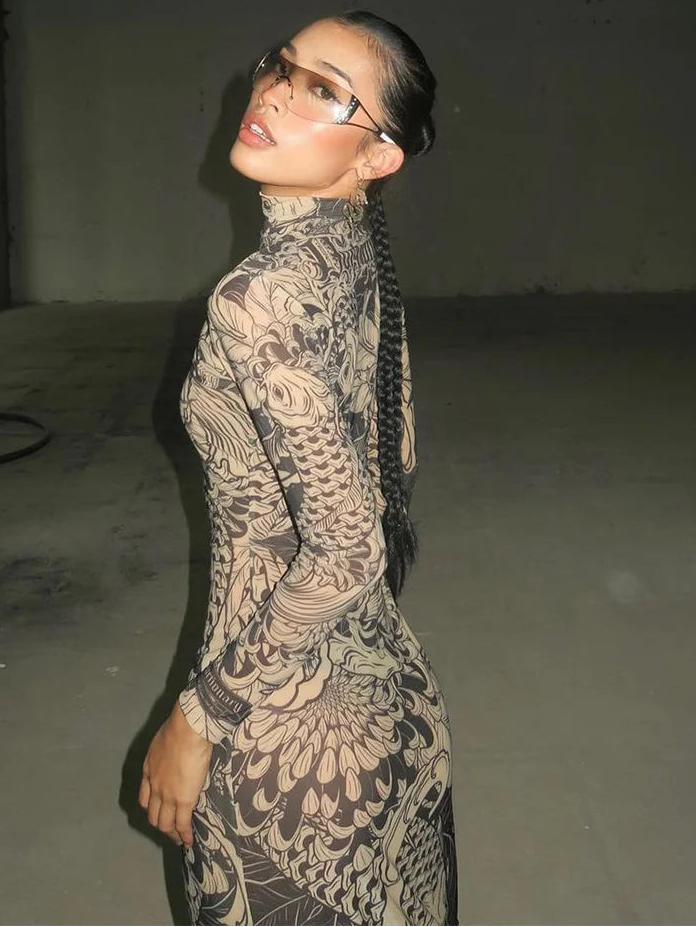 Y2K Mesh Print Turtleneck Bodycon Maxi Dress