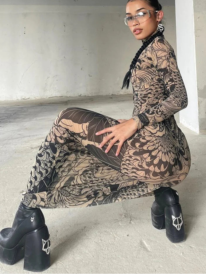 Y2K Mesh Print Turtleneck Bodycon Maxi Dress