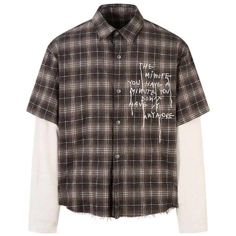 Y2K "Minutes" Plaid Mock Two Piece Long Sleeve Button Up Shirt Top