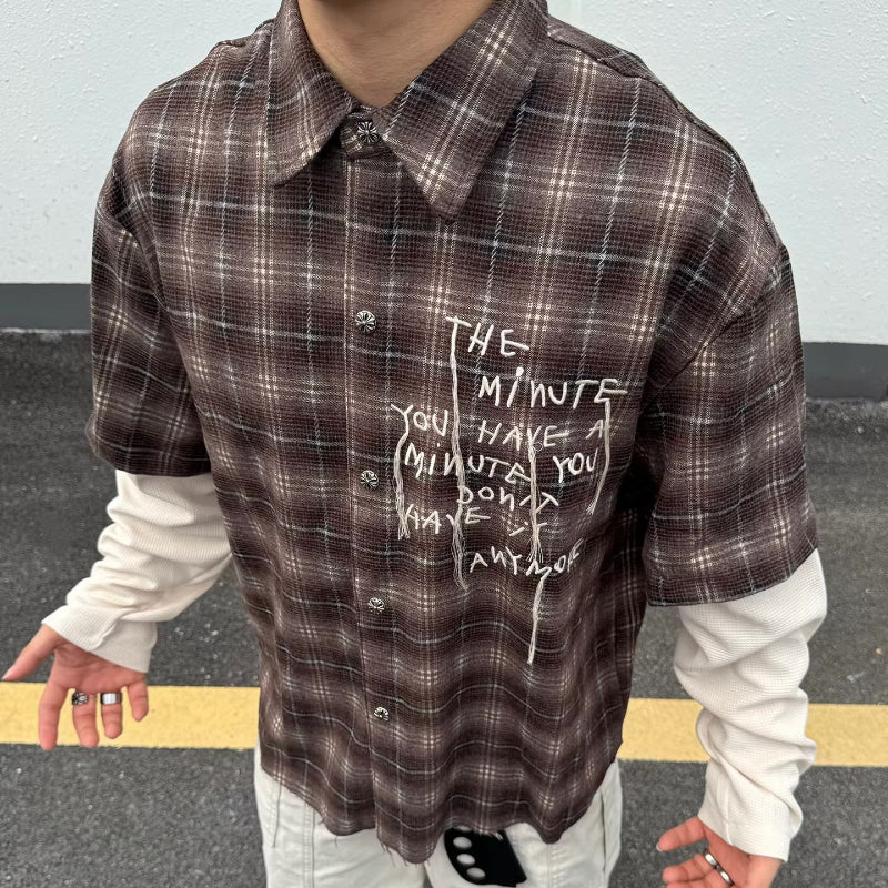 Y2K Minutes Plaid Mock Two Piece Long Sleeve Button Up Shirt Top