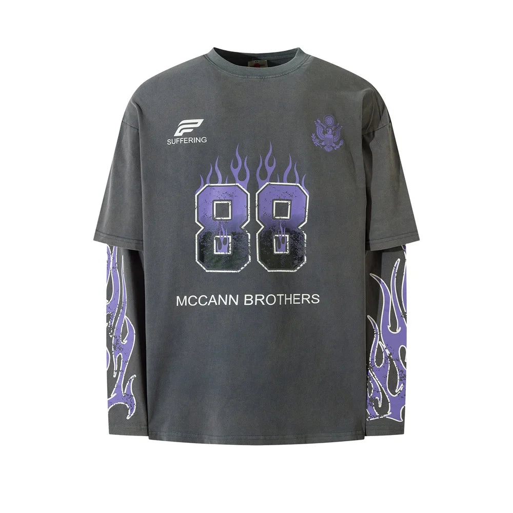 Y2K Mock Layered Flame Graphic Long Sleeve Top