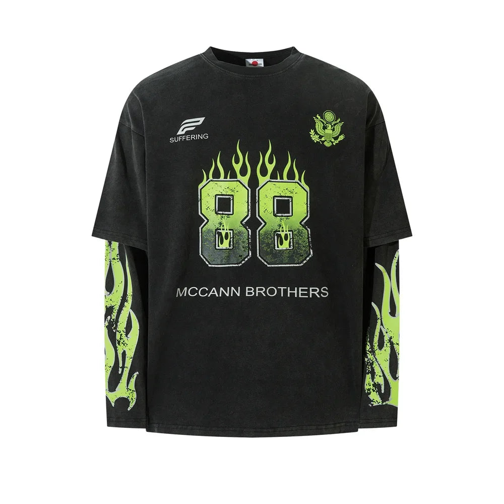 Y2K Mock Layered Flame Graphic Long Sleeve Top