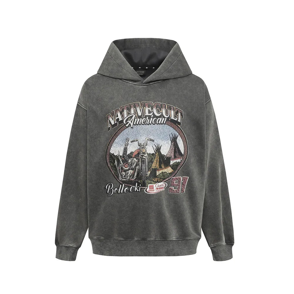 Y2K Motorcycle Graphic Print Distressed Baggy Hoodie