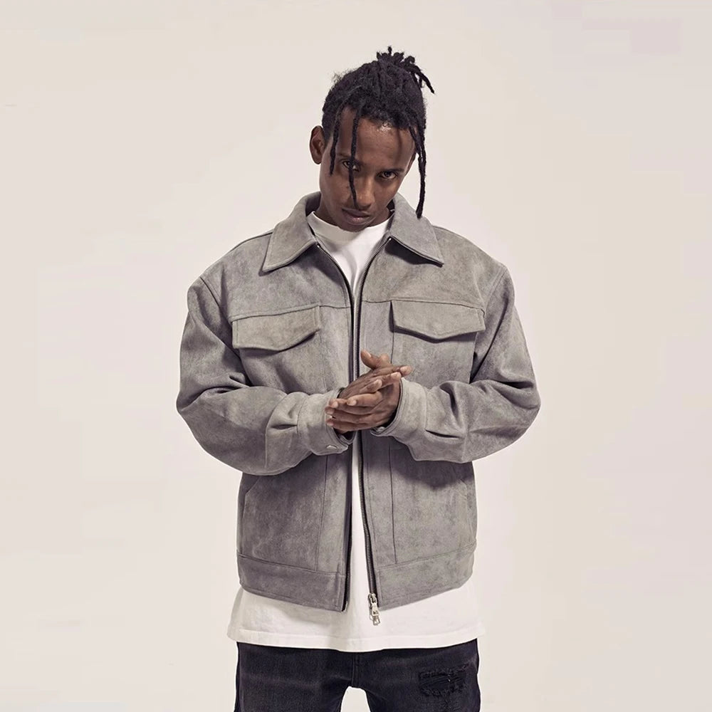 Y2K Multi Pocket Suede Cargo Zip Up Jacket