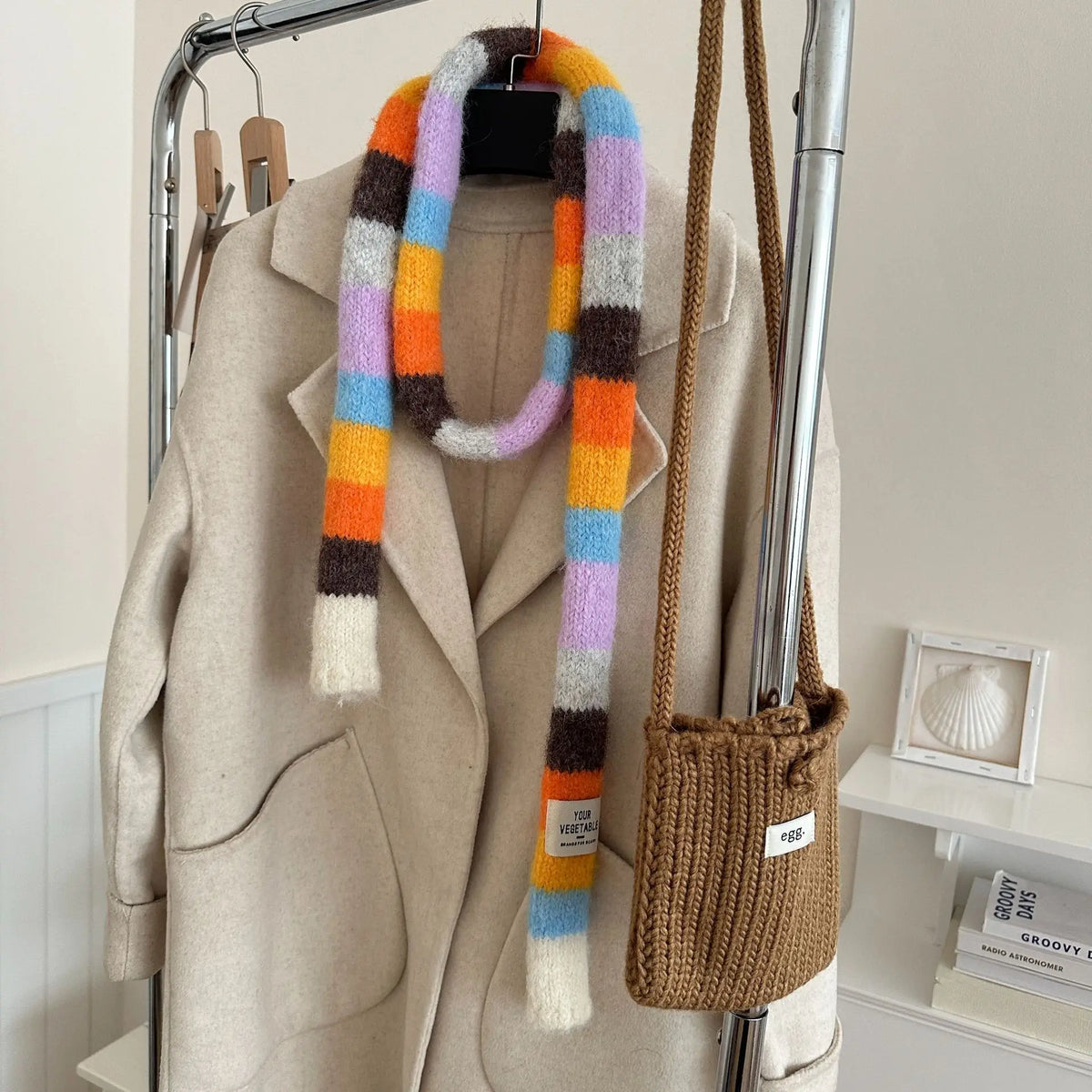 Y2K Multi Seasonal Striped Long Narrow Thin Knitted Scarf