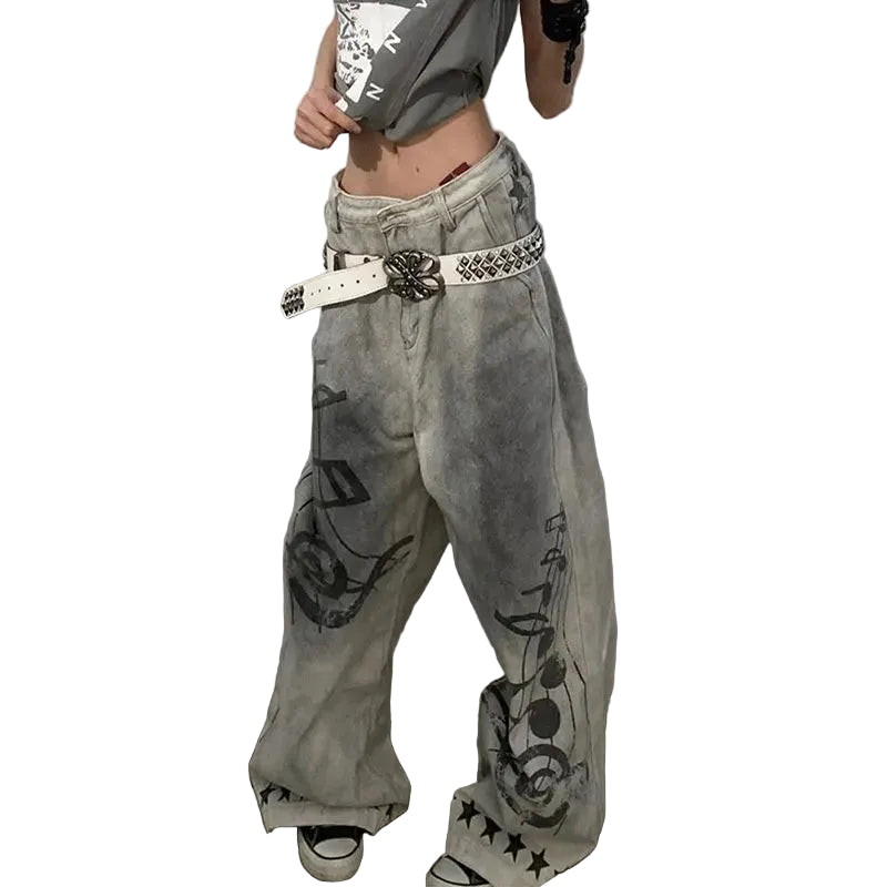 Y2K Music and Melodies Washed Grey Graphic Baggy Jeans