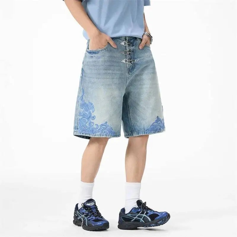 Y2K "Ocean Swirl" Washed Light Blue Denim Shorts Jorts