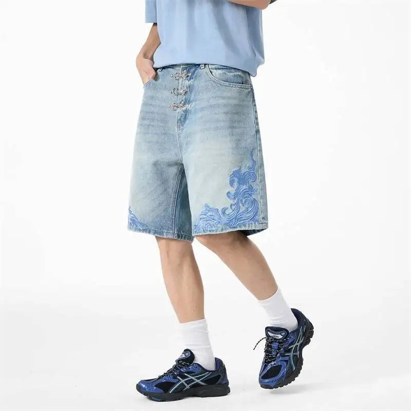 Y2K "Ocean Swirl" Washed Light Blue Denim Shorts Jorts