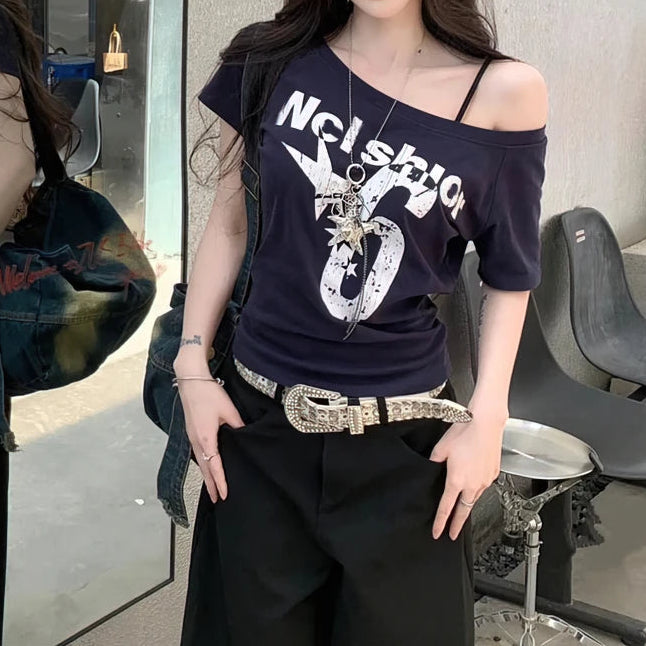Y2K Off Shoulder Graphic T Shirt