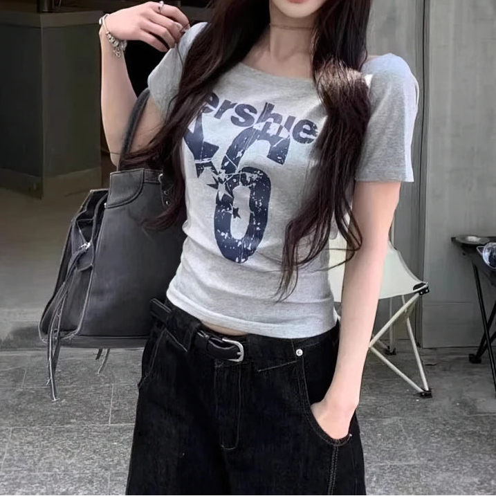 Y2K Off Shoulder Graphic T Shirt