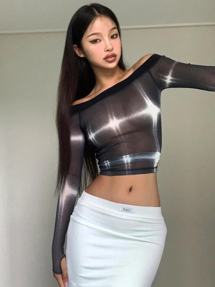 Y2K Off Shoulder Print Long Sleeve Mesh Crop Top