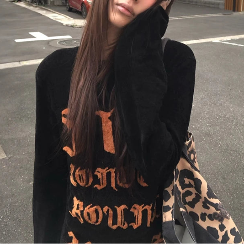 Y2K Orange And Black Graphic Long Sleeve Top