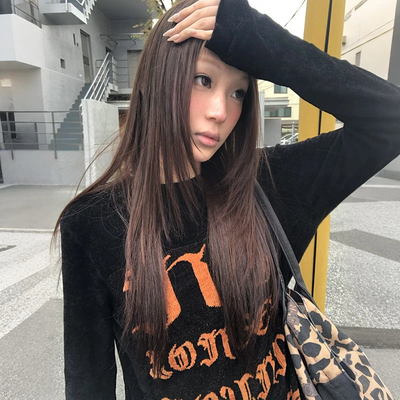 Y2K Orange And Black Graphic Long Sleeve Top