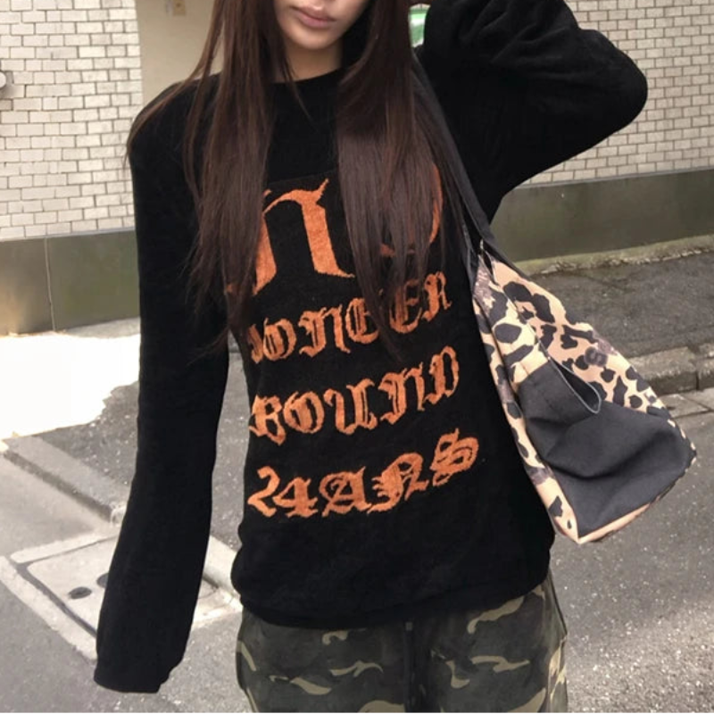 Y2K Orange And Black Graphic Long Sleeve Top