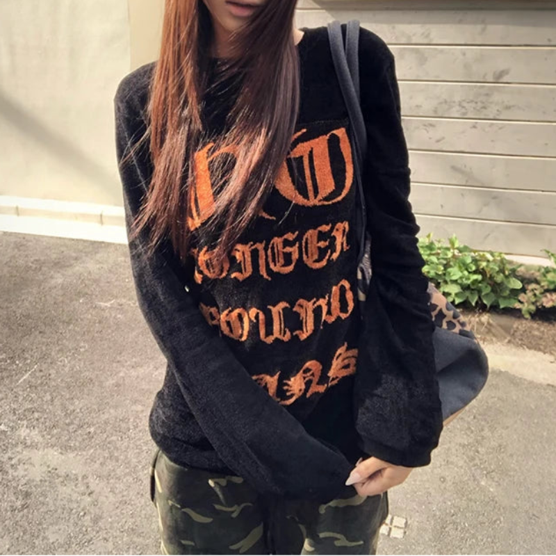 Y2K Orange And Black Graphic Long Sleeve Top