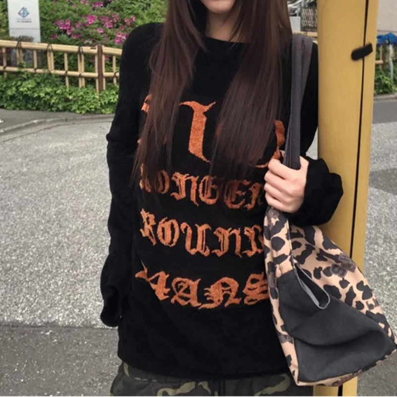 Y2K Orange And Black Graphic Long Sleeve Top
