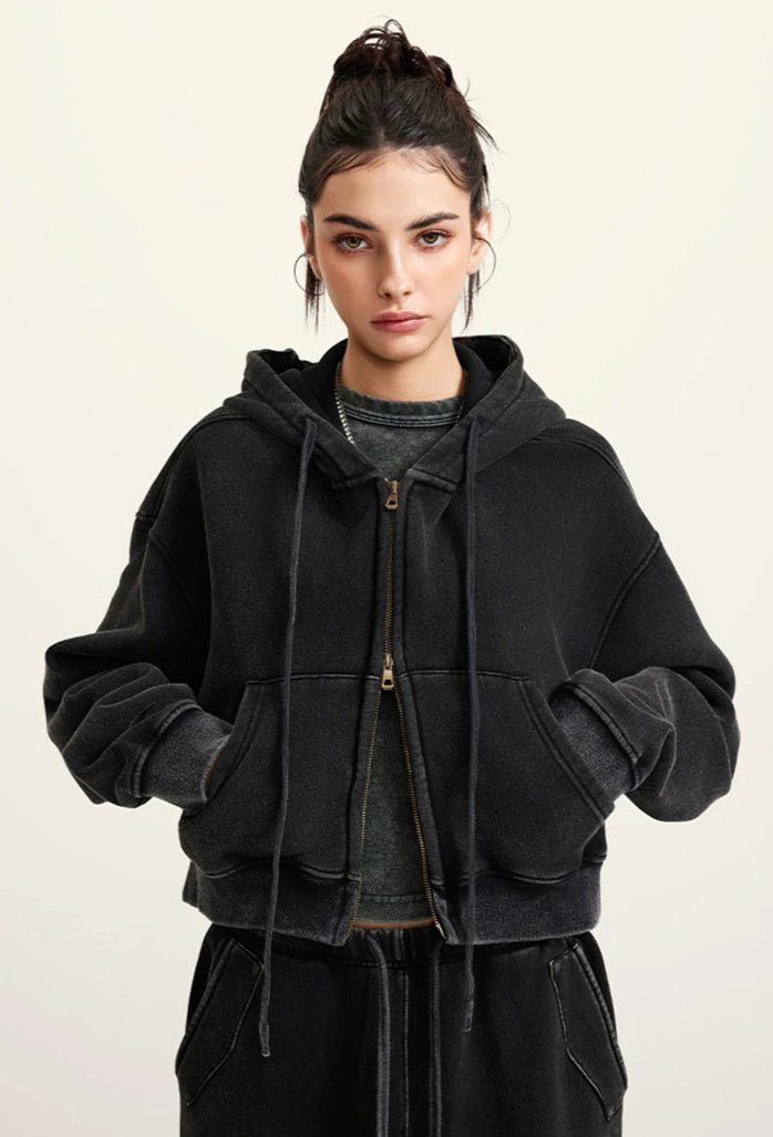 Y2K Origin 355gsm Essentials Boxy Cropped Zip Up Hoodie