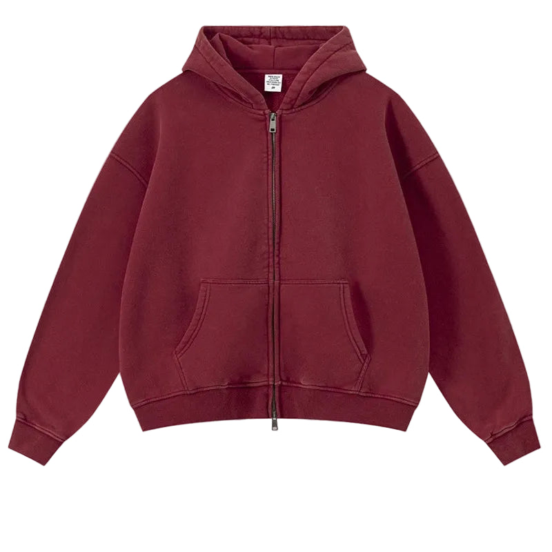 Y2K Origin 400gsm Essentials Retro Washed Boxy Fit Plain Zip Up Hoodie