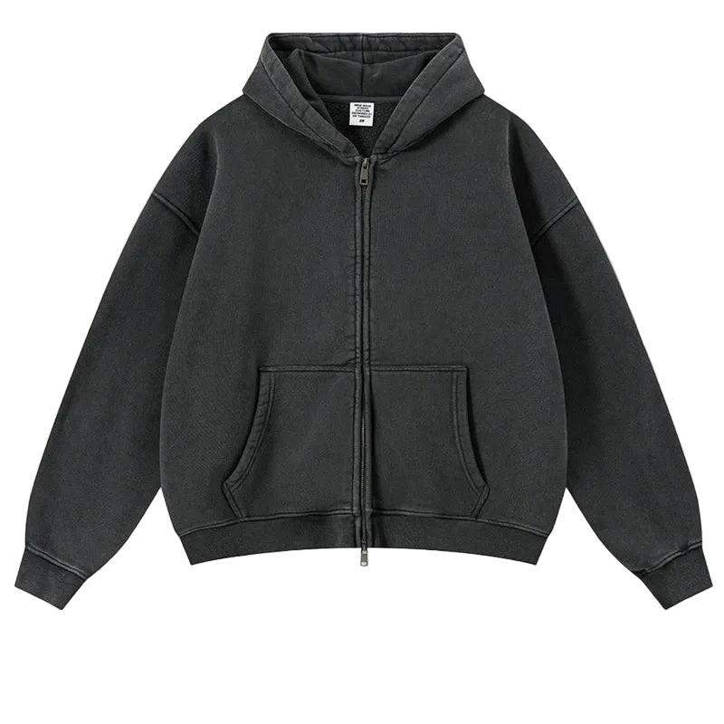 Y2K Origin 400gsm Essentials Retro Washed Boxy Fit Plain Zip Up Hoodie