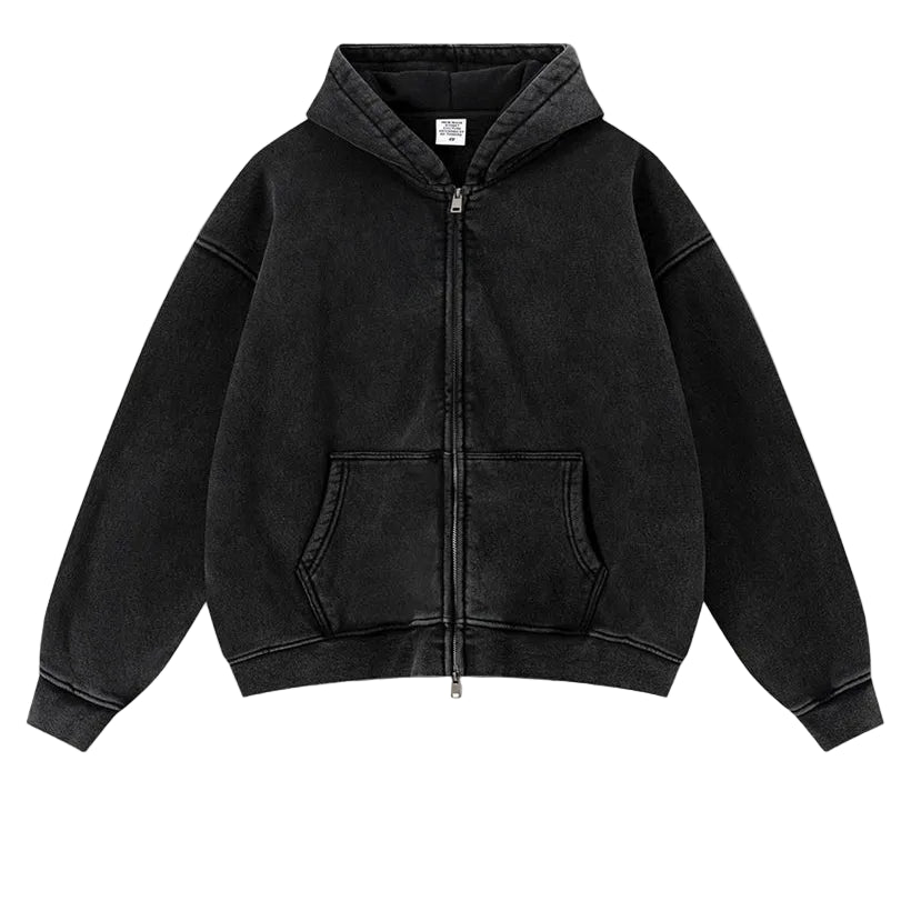 Y2K Origin 400gsm Essentials Retro Washed Boxy Fit Plain Zip Up Hoodie