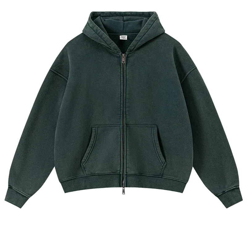 Y2K Origin 400gsm Essentials Retro Washed Boxy Fit Plain Zip Up Hoodie