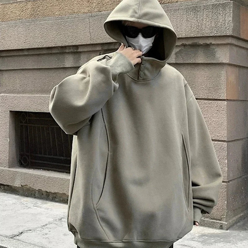 Y2K Oversized Baggy Button Neck Hooded Sweatshirt