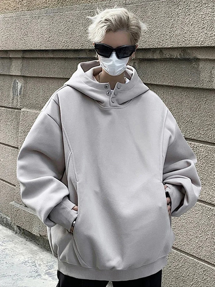 Y2K Oversized Baggy Button Neck Hooded Sweatshirt