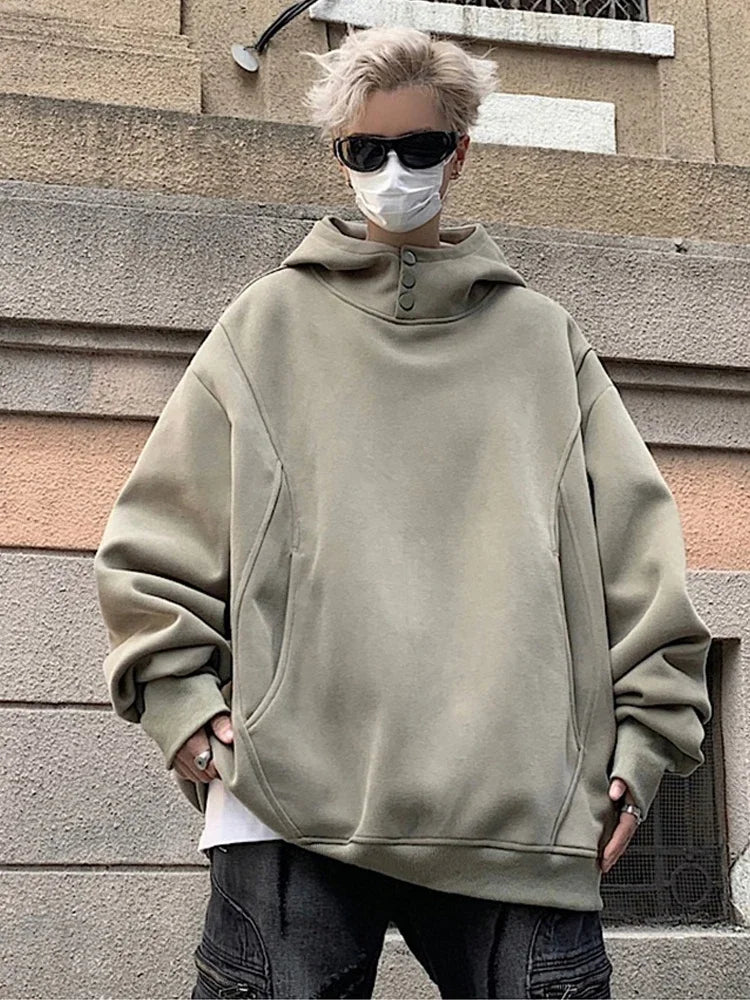 Y2K Oversized Baggy Button Neck Hooded Sweatshirt