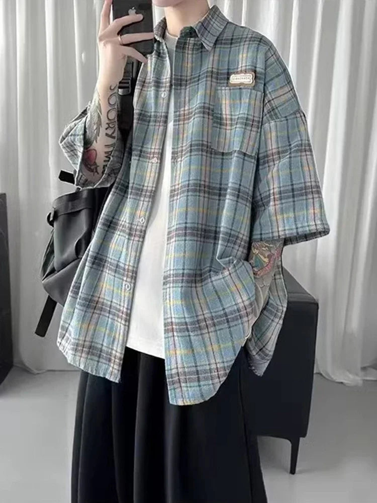 Y2K Oversized Plaid Short Sleeve Flannel Button Up Shirt