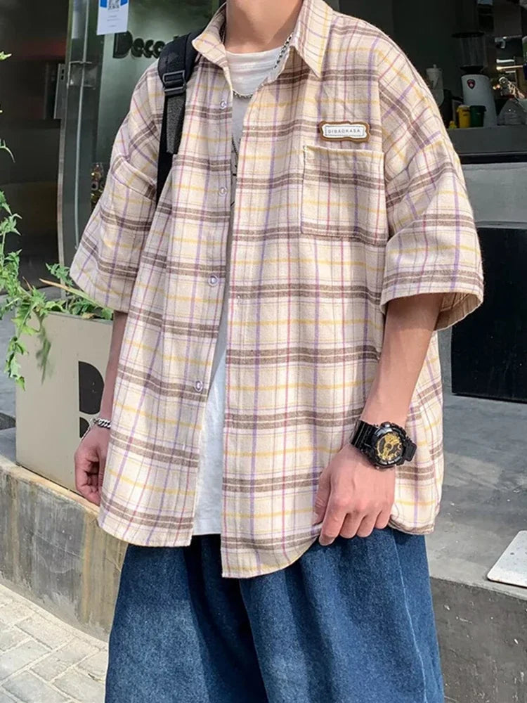 Y2K Oversized Plaid Short Sleeve Flannel Button Up Shirt