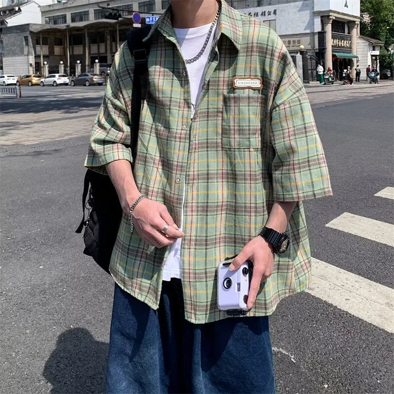 Y2K Oversized Plaid Short Sleeve Flannel Button Up Shirt