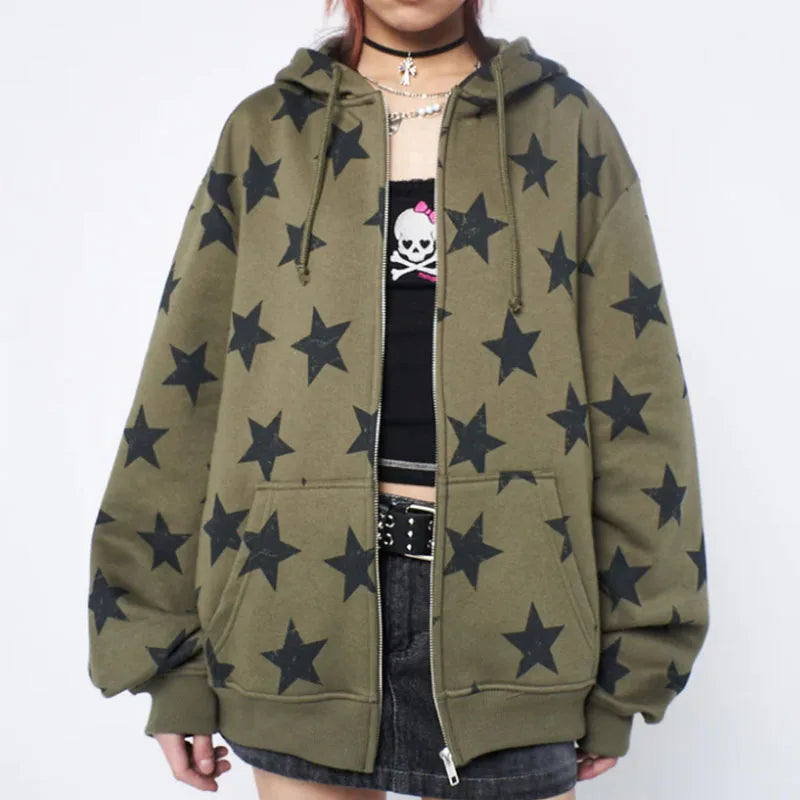 Y2K Oversized Star Zip Up Hoodie