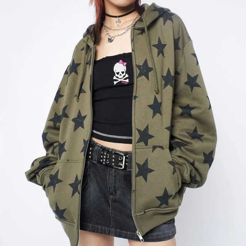 Y2K Oversized Star Zip Up Hoodie