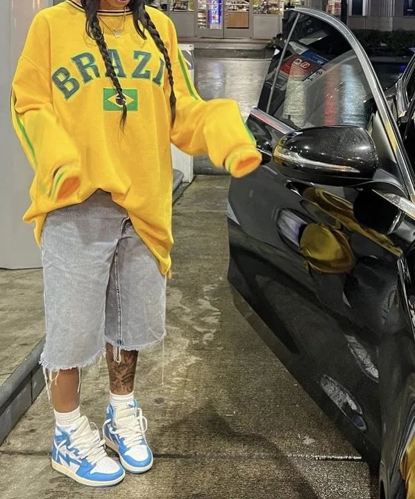 Y2K Oversized Thick Brazil Embroidered Sweatshirt
