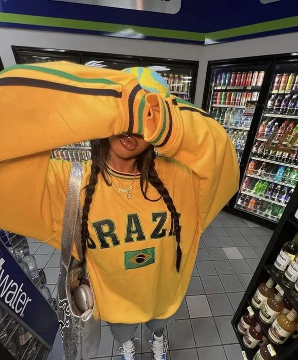 Y2K Oversized Thick Brazil Embroidered Sweatshirt