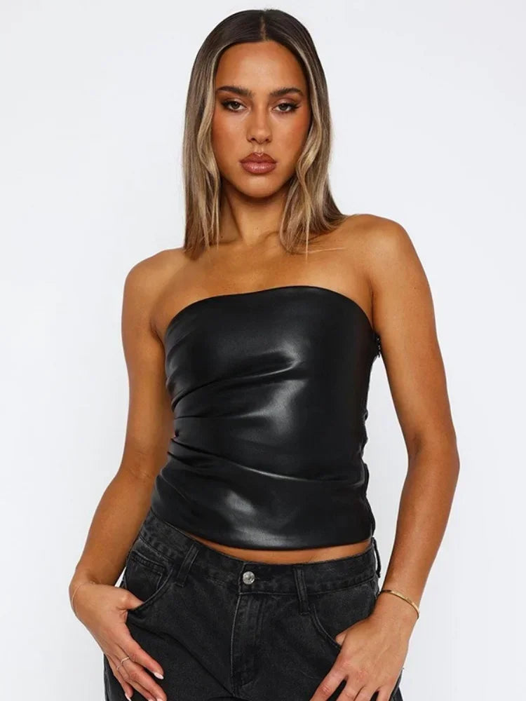 Y2K PU Leather Shiny Strapless Bandeau Tube Top