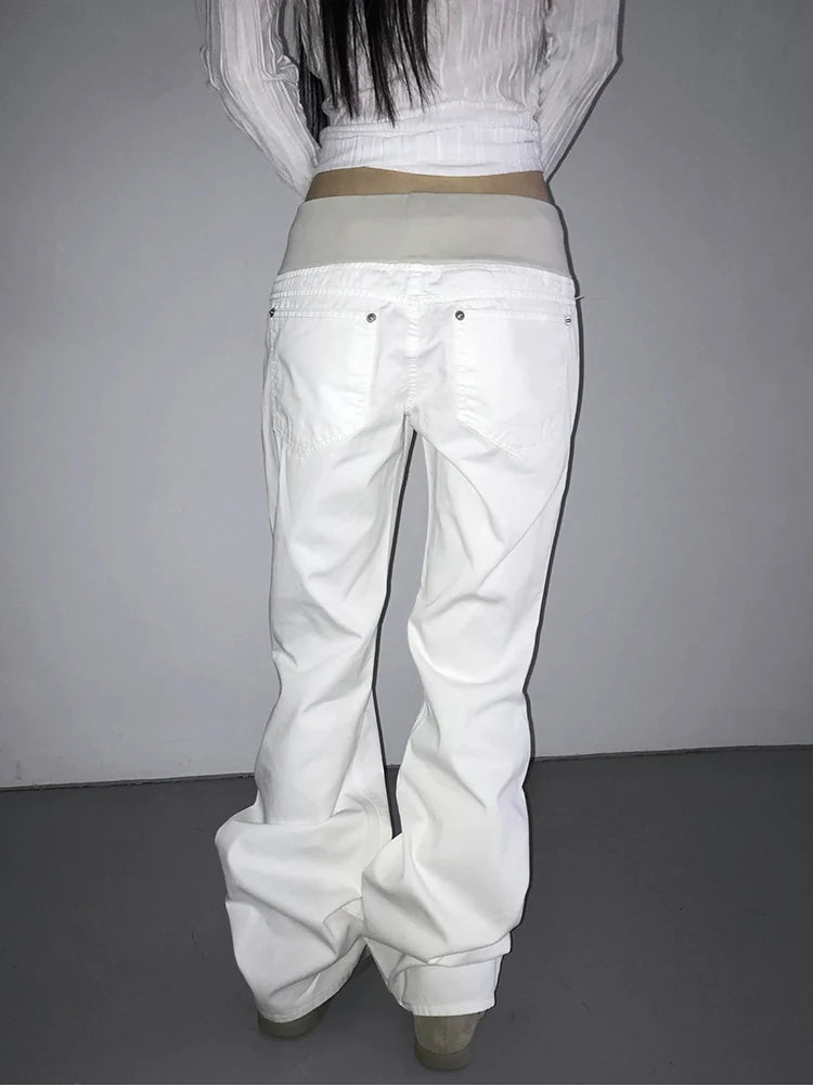 Y2K Patchwork Cargo Vintage White Low Rise Bootcut Jeans